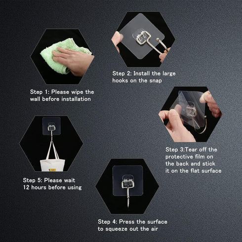 30 Packs Large Heavy Duty Adhesive Wall Hooks, 44lb Max Hold, Transparent Waterproof Rustproof Sticky Hooks for Home