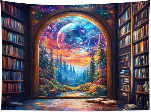 LB 60 40 Inches Fantasy Bookshelf Moon Tapestry, Forest Tree and Vintage Library Classroom Wall Tapestry for Bedroom