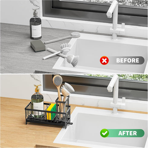 Cisily Sponge Holder for Kitchen Sink, Rustproof 304 Stainless Steel Caddy with High Brush Holder and Soap Dispenser