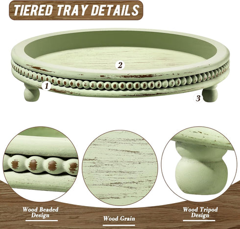 KULEDM Handmade Wooden Decorative Tray, Small Beaded Coffee Table Tray Decor, Sage Round Serving Tray for Coffee Table