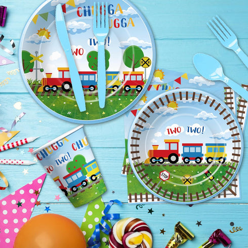 APOWBLS 2nd 24 Chugga Chugga Two Two Birthday Party Supplies, Paper Plate, Cup, Napkin, Disposable Cutlery, Tablecloth