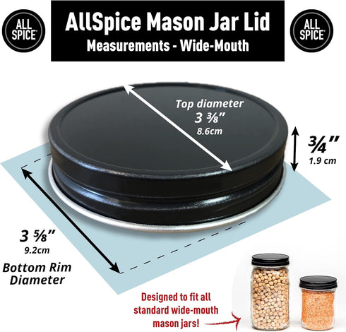 AllSpice Rust-Proof Wide Mouth Aluminum Mason Jar Lids, Leak-Proof 12-Pack (Black)