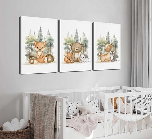 3 Pcs Woodland Animal Nursery Canvas Wall Art Cute Wild Animals Poster Print Fox Bear Deer Painting Picture for Kids