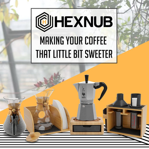HEXNUB Caddy for Pour Over Coffee Maker, Bamboo Stand for Chemex, Bodum, Cosori Carafes, Heatproof Mat