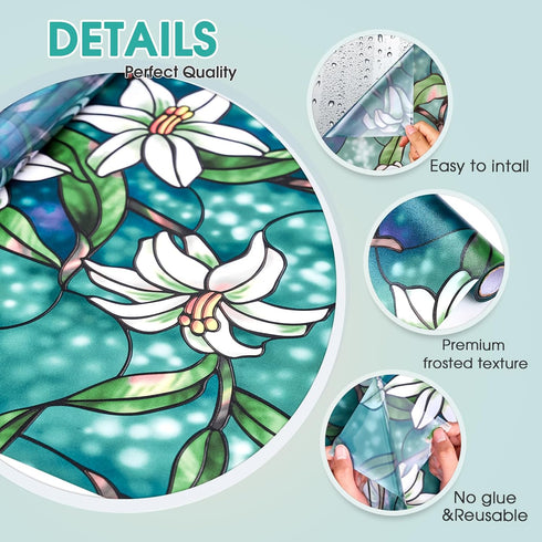 Coavas Decorative Window Privacy Film, Heat Control Sun Blocking Stained Glass Window Film, Floral Design Static Cling