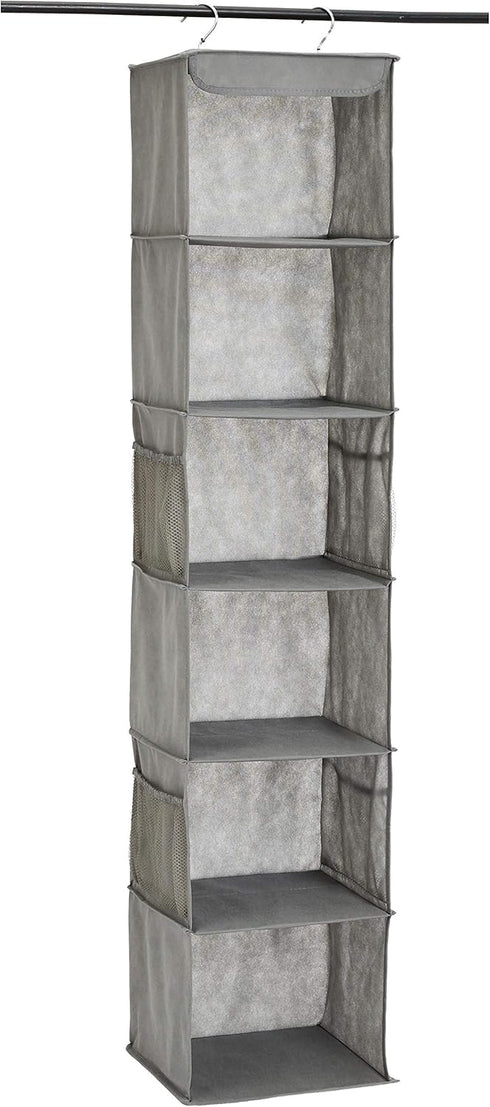 Amazon Basics Hanging Closet Shelf Organizer, 6-Tier with Pockets, 8.5" D x 12" W x 9" H, Grey