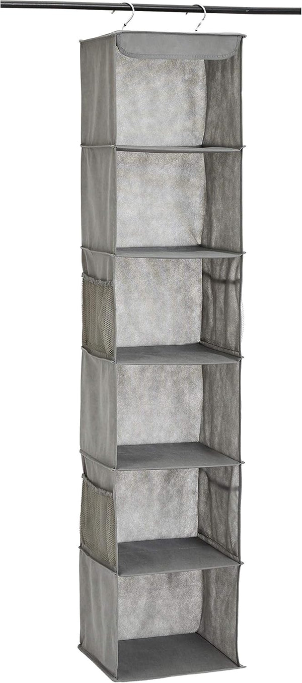 Amazon Basics Hanging Closet Shelf Organizer, 6-Tier with Pockets, 8.5" D x 12" W x 9" H, Grey