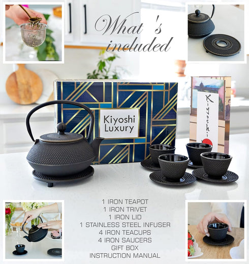 11PC Set 26Oz 4 (2Oz 4 Large Japanese Tea "Gashu Black" Cast Iron Tea Pot with Tea Cups each), Saucers, Loose Leaf Tea