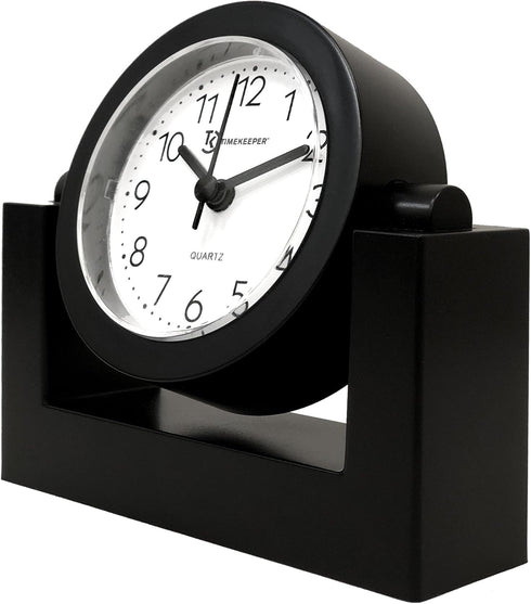 Timekeeper Small Desktop Swivel Clock - Battery Operated, 6.75" Wide x 2" Tall, Black Frame White Face