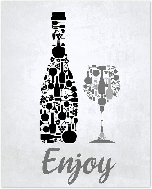 Black Grey White Mosaic Vintage Kitchen Wall Art, Eat Drink Love Wine Coffee Hearts Prints for Rustic Home