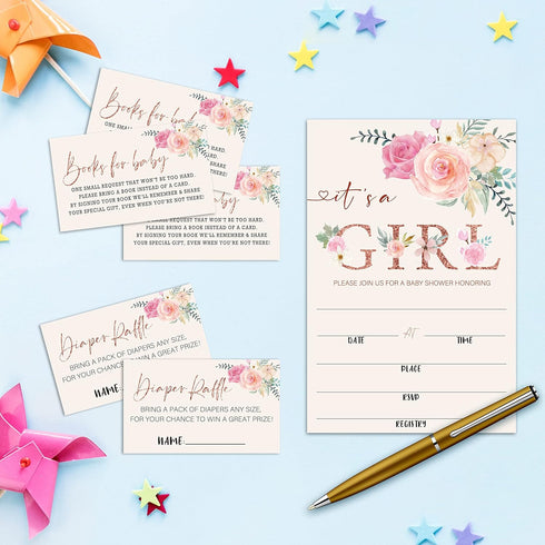 Utaqer 100 set, Supplies/tz-a011 Blush Pink Floral Baby Shower Invitation Cards With Envelopes, Diaper Raffle Tickets