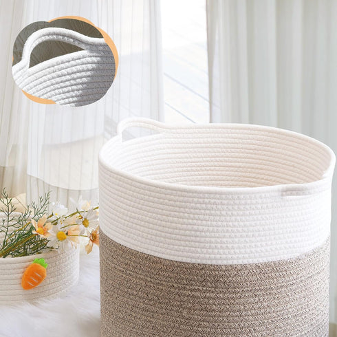 Laundry Hamper, Pure Cotton Rope Woven Basket for Dirty Clothes, 15.5 * 13.5 inches-40L White & Brown Mixed