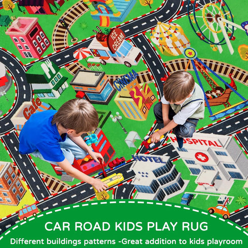 Kids Rug Play Mat for Toy Cars, City Life 3D Road Traffic 39.4"×59" Non-Slip Washable Car Rug for Playtime