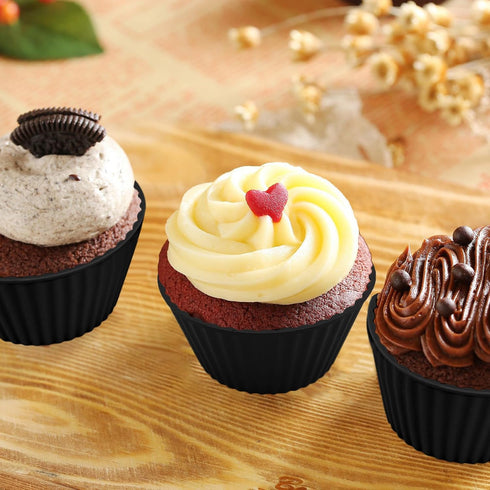 24 Pack Reusable Silicone Baking Cups, Non-stick Cupcake Liners for Party, Birthday, Halloween, Christmas (Black)
