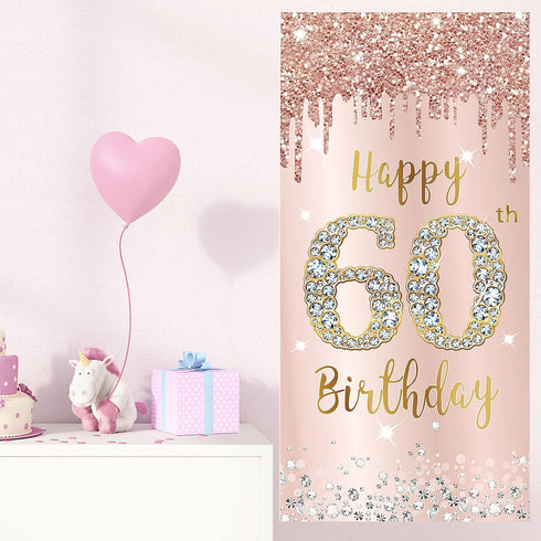 60th Birthday Door Banner Decorations for Women, Pink Rose Gold Happy 60th Birthday Poster Sign Decor