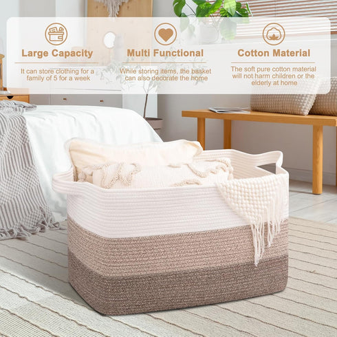 OIAHOMY Extra Large Blanket Basket, 90L Cotton Rope Woven Laundry Basket for Toy & Blanket Storage (Gradient Brown)