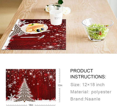 Naanle Winter Holiday Christmas Placemats Set of 4, Christmas Tree with Snowflake Heat-Resistant Washable Table Place