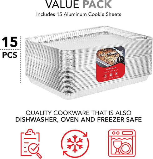 Stock Your Home Aluminum Pans, Cookie Sheet Baking Pans (15 Pack) Disposable & Durable