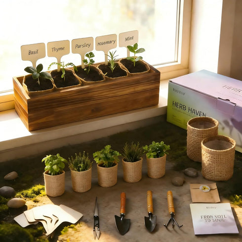 5 Herb Garden Kit with Wooden Box - Including Basil, Thyme, Parsley, Rosemary, Mint - Windowsill Herb Garden