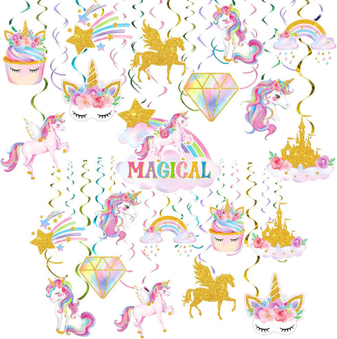 Zonon 51 Pcs Unicorn Hanging Swirl Decorations for Girls Birthday Party Supplies, Rainbow Decor