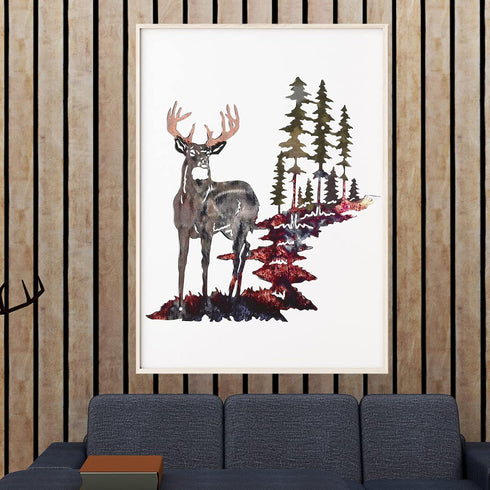 Forest Tree Deer Wall Art, Rustic Metal Hunting Decor for Living Room Bedroom, 11.8 x 7.9 Inch