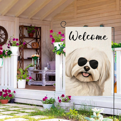 Welcome Maltese with Sunglasses Garden Flag 12x18 Inch, Small Vertical Double Sided Decorative House Yard Decor