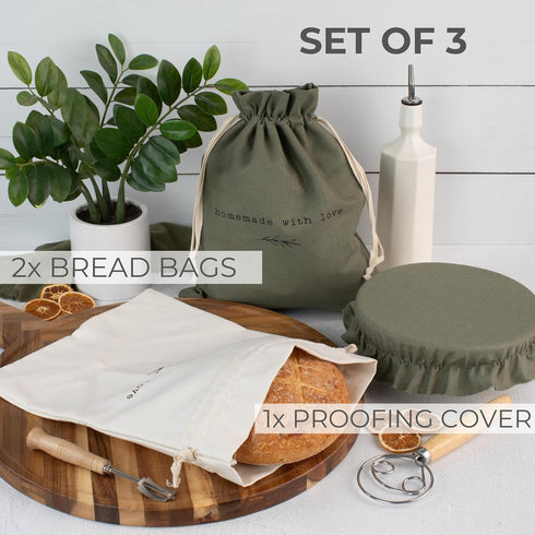 Set KIBAGA Beautiful Linen Bread Bag and Proofing Cover For Homemade Sourdough Bread - Keeps Your Loaf Fresh for Days