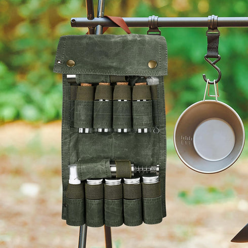 8 2 1 Set TOBWOLF Portable Spice Bag for Travel, Camping Spice Kit with Jars, Salt/Pepper Grinders, Oil Spray, Foldable
