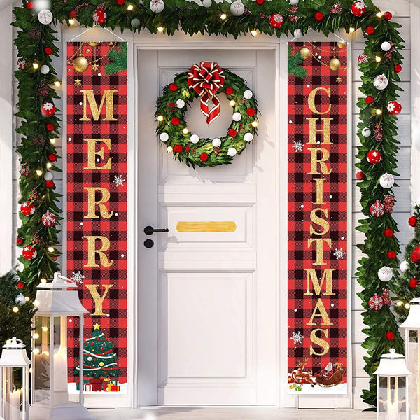 Christmas Decorations Merry Christmas Banner Decor, Happy New Year Plaid Porch Sign for Home Front Door Holiday Party