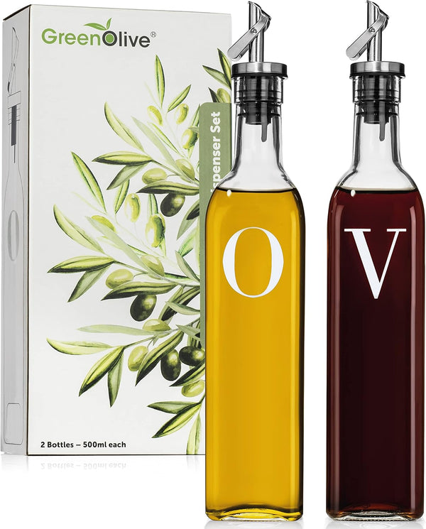 GREENOLIVE Olive Oil and Vinegar Dispenser Set - 17 oz. Glass Bottles with No-Drip Spouts - Set of 2
