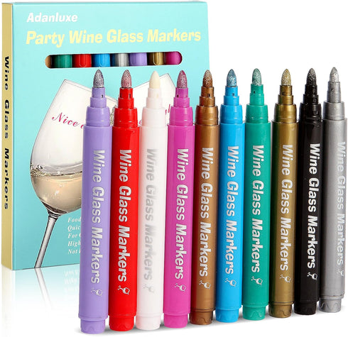 Adanluxe 10PCS Metallic Wine Glass Markers, Food Grade Non-Toxic Window Markers for Glass Washable, Premium Paint Pens