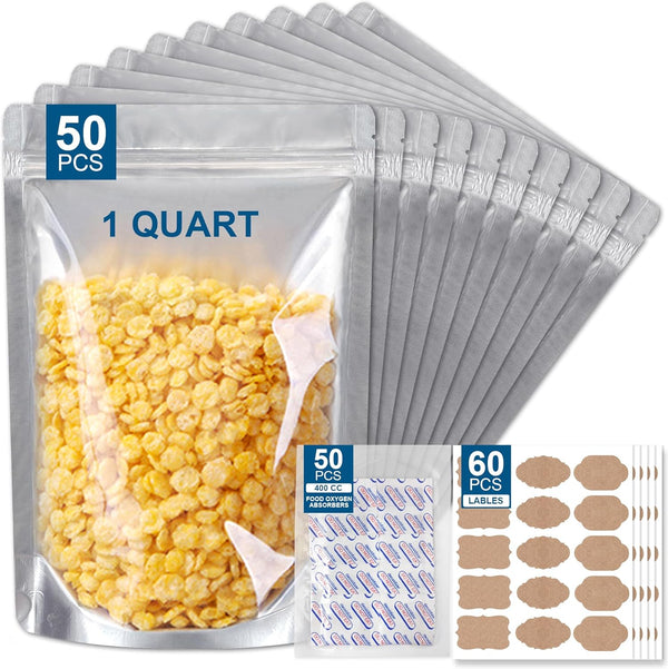 50 Packs Mylar Bags for Food Storage with Clear Window,1 QUART(9.44 Mil,