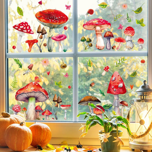Whaline 6 Sheets Mushroom Window Clings, Watercolor Botanical Design Double-Sided Decals for Home Office