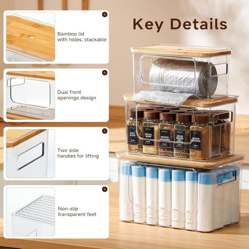 3-Pack Trash Bag Holder,Trash Bag Dispenser with Bamboo Lid, Stackable Acrylic Garbage Bag Dispenser for Under Sink Use