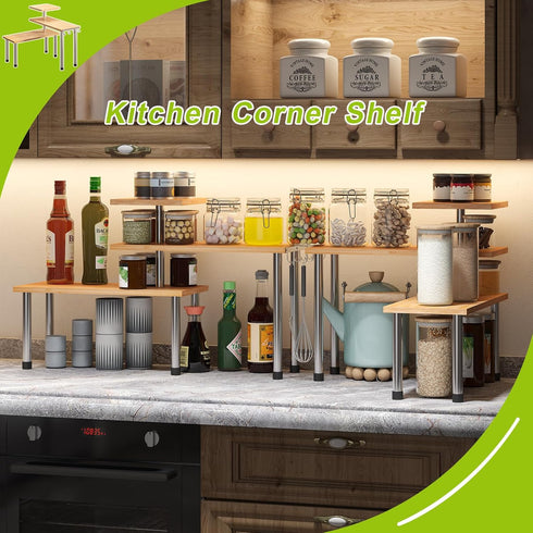 BMOSU Kitchen Corner Shelf Organizer, Adjustable 3 Tier Rack with Hooks for Kitchen Bathroom Counter Storage