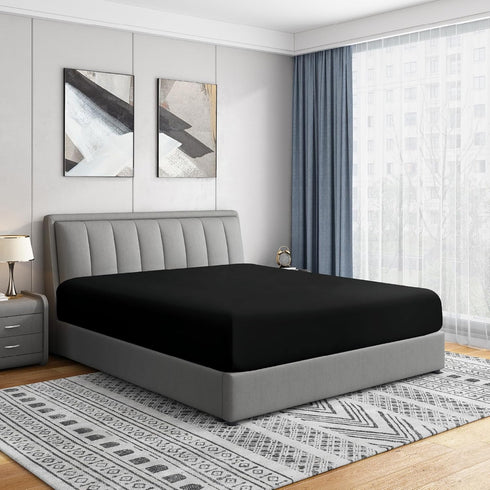 Cathay Home Luxury Wrinkle and Fade Resistant Microfiber Fitted Sheet, 14-inch Standard Pocket, Black, Full