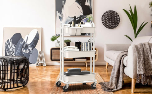 3-Tier Simple Houseware Multifunctional Rolling Utility Cart with Hanging Bucket, White