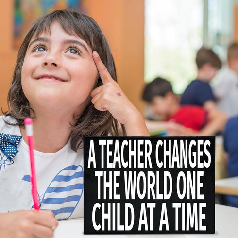 JennyGems Inspirational Teacher Gift Wood Sign, A Teacher Changes the World One Child at a Time, Classroom Decor