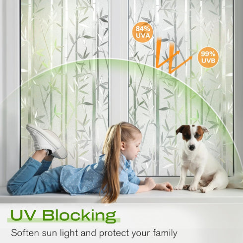 rabbitgoo Window Privacy Film, Frosted Bamboo Pattern, Removable UV Blocking Decorative Cling for Home, 23.6 in X 6.5