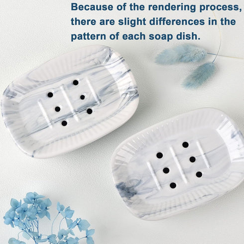 Ceramic Soap Dish, Self-Draining Soap Holder, Double Layer Marble Blue, Easy to Clean