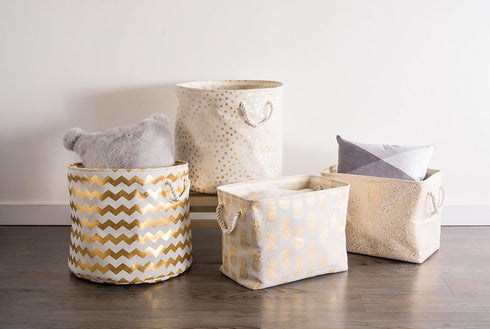 DII Gold Metallic Collection Polyester Storage Bin, Collapsible with Handles, Medium, Pineapple