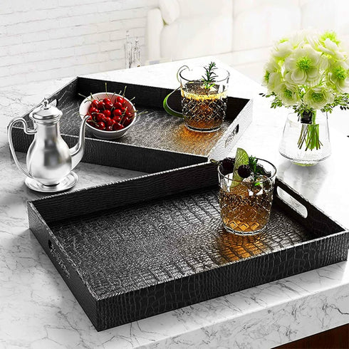 17x12 Inch Lyellfe Black Serving Tray with Handles, Decorative Ottoman Tray in Alligator Faux Leather, Rectangular