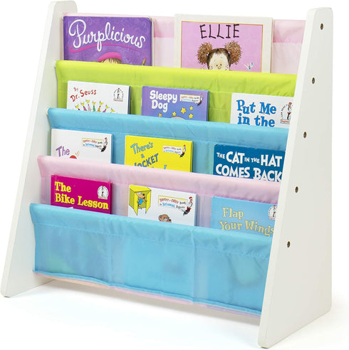 4-Tier Humble Crew Kids Bookshelf, White Wood/Pastels - Premium Book Shelf for Kids Rooms with Four Deep Pockets
