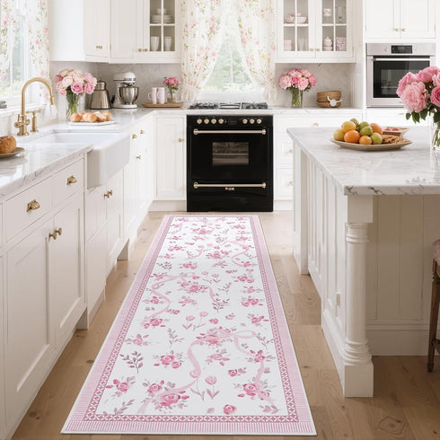 2x6 GarveeHome Runners for Hallways Non Slip, Kitchen Runner Rug Pink and White Bow Rugs for Bedroom Girls, Low Pile