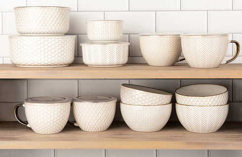 KooK Ceramic Cereal Bowls Set of 4, Embossed for Yogurt, Dessert, and Poke, Microwave & Dishwasher Safe, Cream