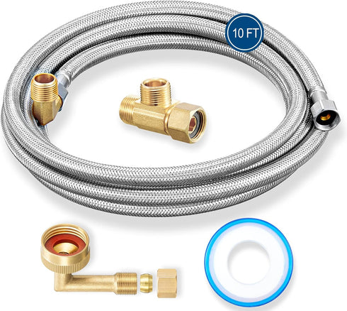 Dishwasher Installation Kit, 10 FT Stainless Steel Braided Dishwasher Hose Kit with Food Grade PEX