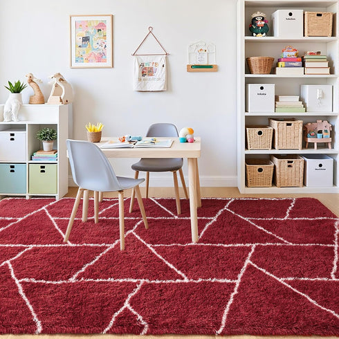5x7 Area Rugs for Living Room Bedroom, Washable Non-Slip Feet Red White Throw Rug, Soft Plush Shaggy Fluffy Geometric