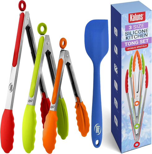 Kaluns Kitchen Tongs, Silicone Tip Stainless Steel Set with Heat Resistant Spatula, 7, 9, 12 Inch