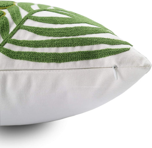 Embroidery Throw Pillow Covers 18x18 - 100% Cotton Canvas Cushion Cover with Tropical Green Leave Design