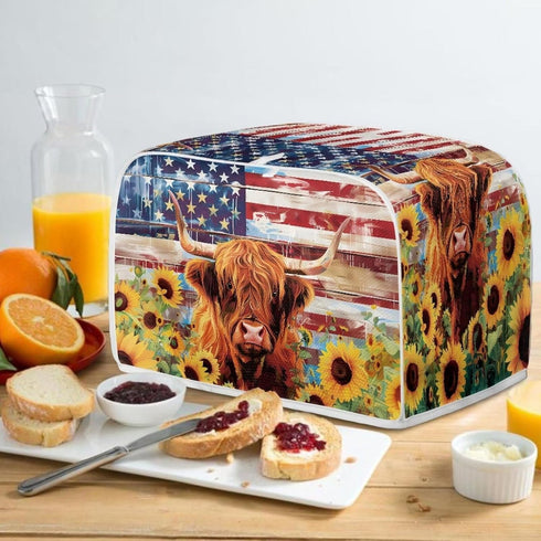 American Flag Toaster Cover, 2 Slice Wide Slot, Highland Cow Sunflower Print, Washable Stain Resistant Small Appliance